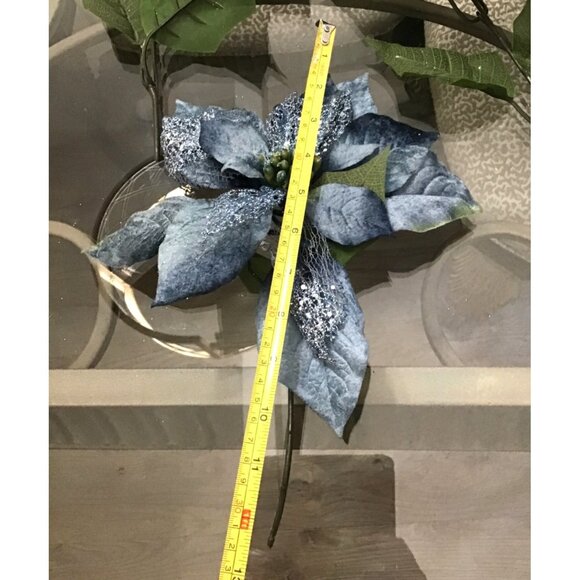 PACK OF 5 CHRISTMAS DECOR ARTIFICIAL FLOWERS 12" STEM BLUE/GREY POINSETTIAS - Picture 4 of 5